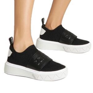 Schutz - Tennis Platform Shoes w/ Logo Strap, Knit, Slip On - Size 7.5, Black